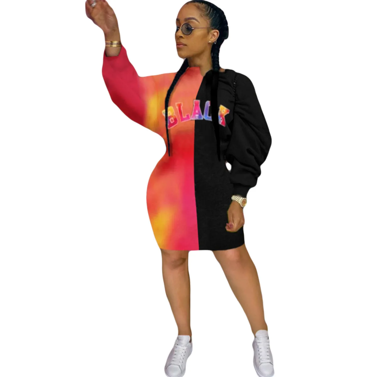 Winter Women  Contrast Letter Printed Long Sleeve Patchwork Plus Size Dress Streetwear Vestidos
