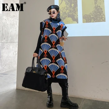 

[EAM] Women Jacquard Black Big Size Knitting Dress New Round Neck Sleeveless Loose Fit Fashion Tide Autumn Winter 2020 1DD0657