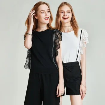 

HAVVA 2020 Summer Lace Stitching Sleeveless T-shirt Ladies’ Round Neck Blouse M5122