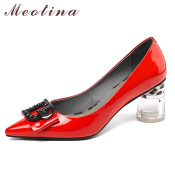 

Meotina Women Pumps High Heels Natural Genuine Leather Round High Heel Shoes Transparent Pointed Toe Red Bridal Shoes Lady 34-39