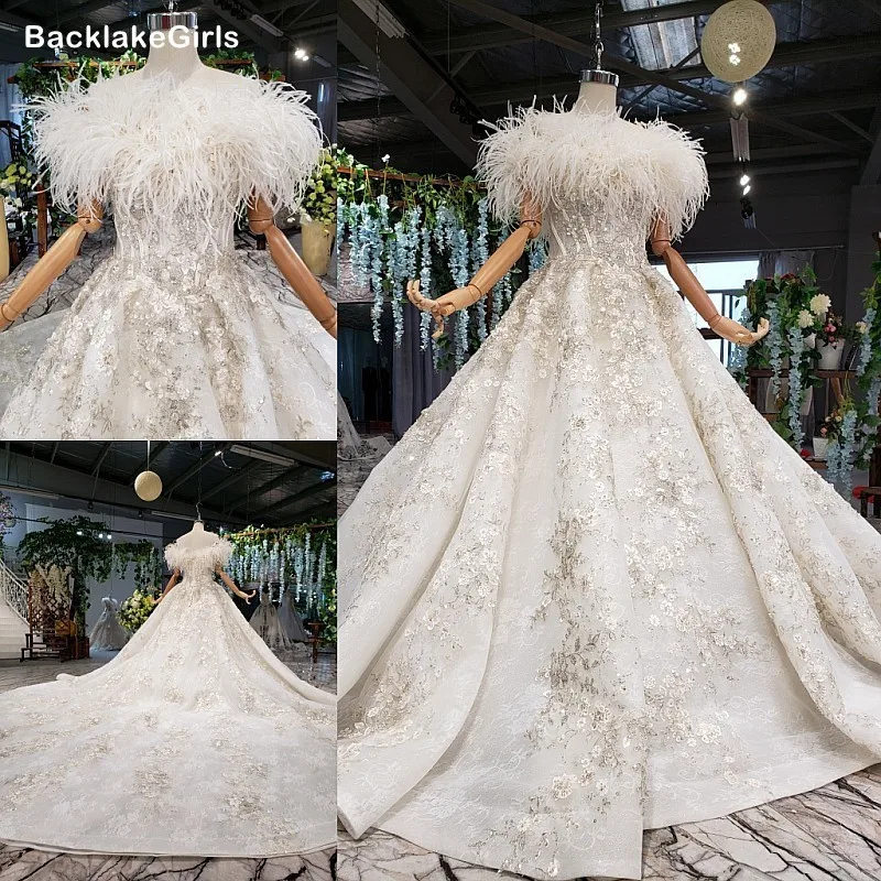 Высококачественные свадебные платья с перьями 2020 Новая мода Сексуальная Лодка