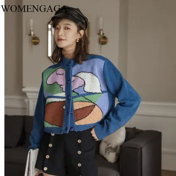 

Korea Impressionism Print Cardigan Women Sweater Blue Wool Designer Short Cardigan Coat Button Up Sweaters Cardigans XUY9