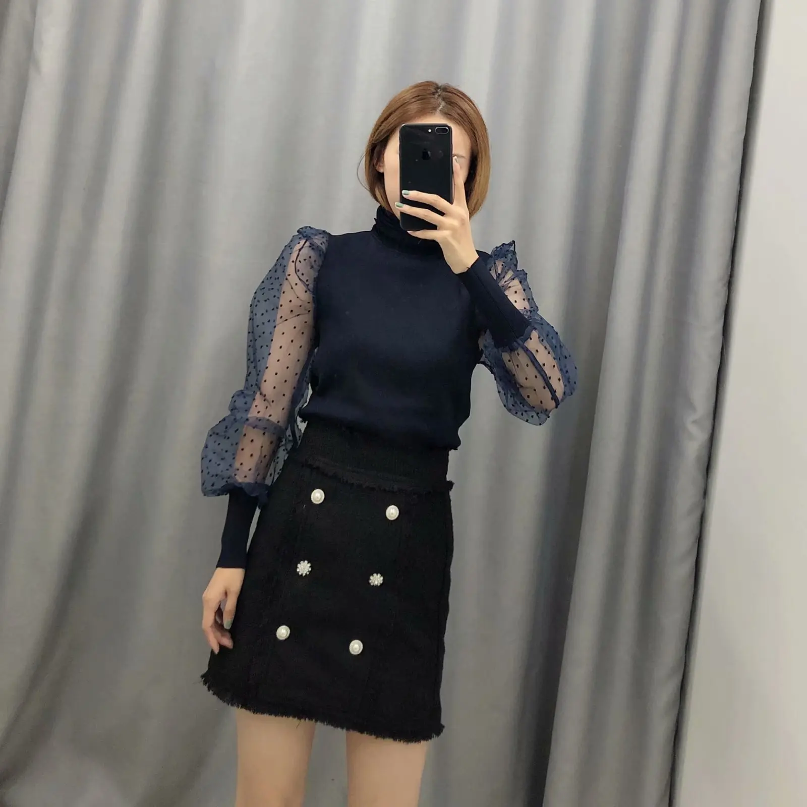 

Western Style Tulle Transparent Joint Sweater Western Style 2020 Early Spring New Style Slim Fit Puff Sleeve Tops