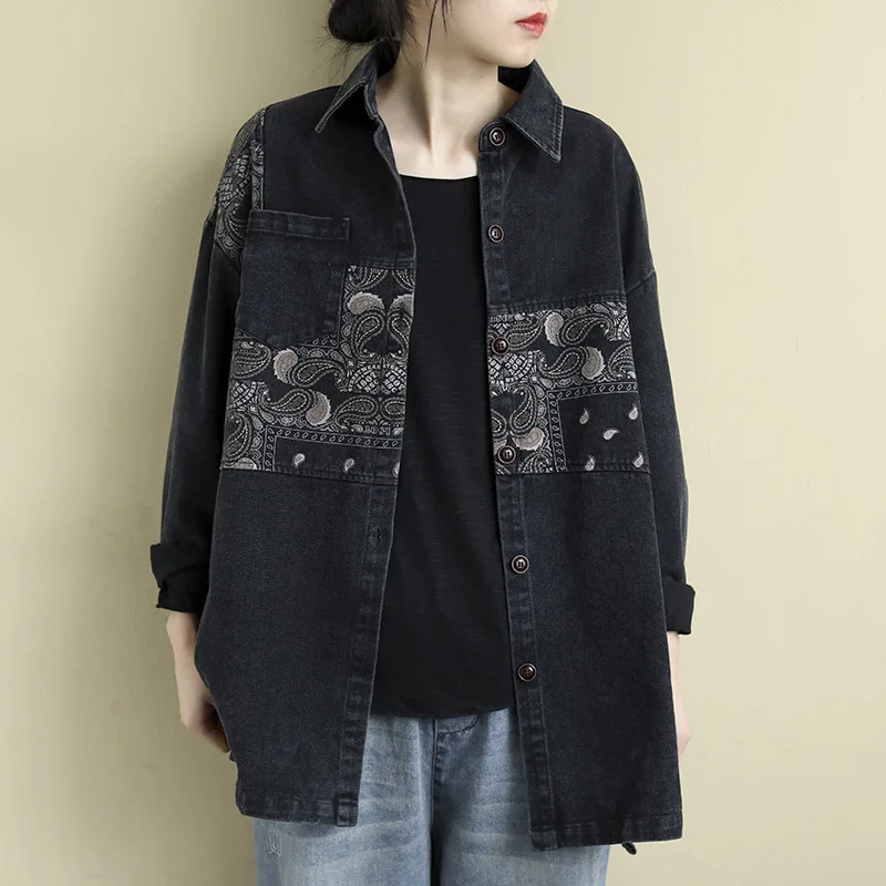 

New Lapel Stitching Printing All-match Casual Denim shirt 2021 Ladies Vintage Casual Loose Womens Coats Female Oversized blouse