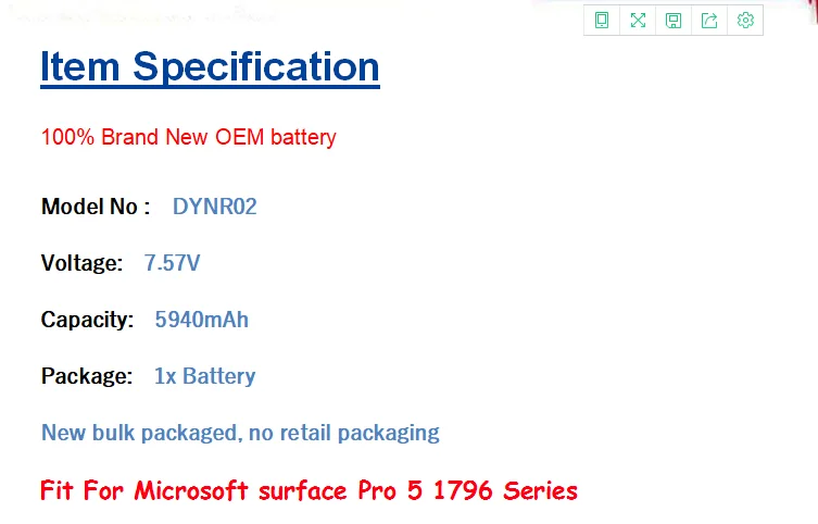 Внутренний сменный аккумулятор DYNR02 для microsoft Surface Pro 5 модель G3HTA038H 1796 серия 45Wh 5940 мАч