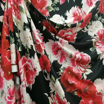 

2020 elastic milk silk big flower Cloth Fabric black bottom rose printed cloth fabric for Sewing dress Table Cloth Home Decor