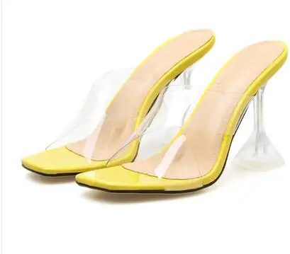 Лидер продаж зеленый ПВХ Sandalias Mujer на высоких каблуках Для женщин сандалии мюли женская обувь с открытым носком; женская обувь на выход