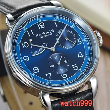 

Parnis 42 mm Blue dial calendar silver case casual men's watches Leather strap date fashion men's automatic mechanical watches