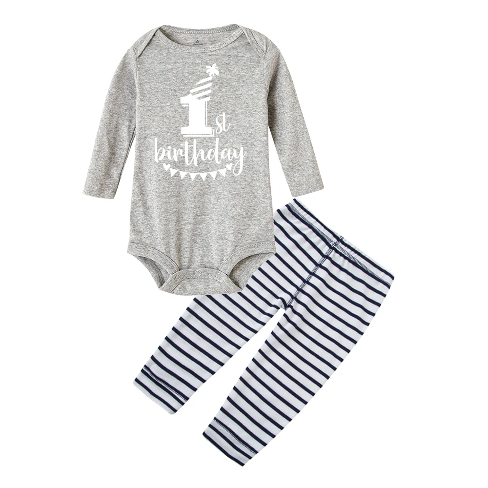 R149-LPPGYBU- Новое поступление года, хлопковая забавная одежда с надписью «My First Birthday» для новорожденных мальчиков и девочек Комбинезон+ штаны комплект из 2 предметов, Детские комплекты одежды для новорожденных - Цвет: R149-LPPGYBU-