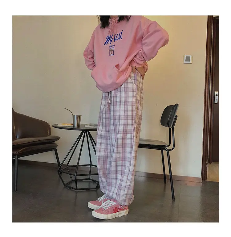 Korean Vintage Pink Plaid Wide Leg Pants With Pockets JKP4784