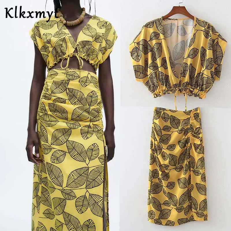 Klkxmyt Za 2021 Women 2 Pieces Set Print Short Tops Suit Woman High Waisted Midi Skirt Side Split Female Summer Outfits |