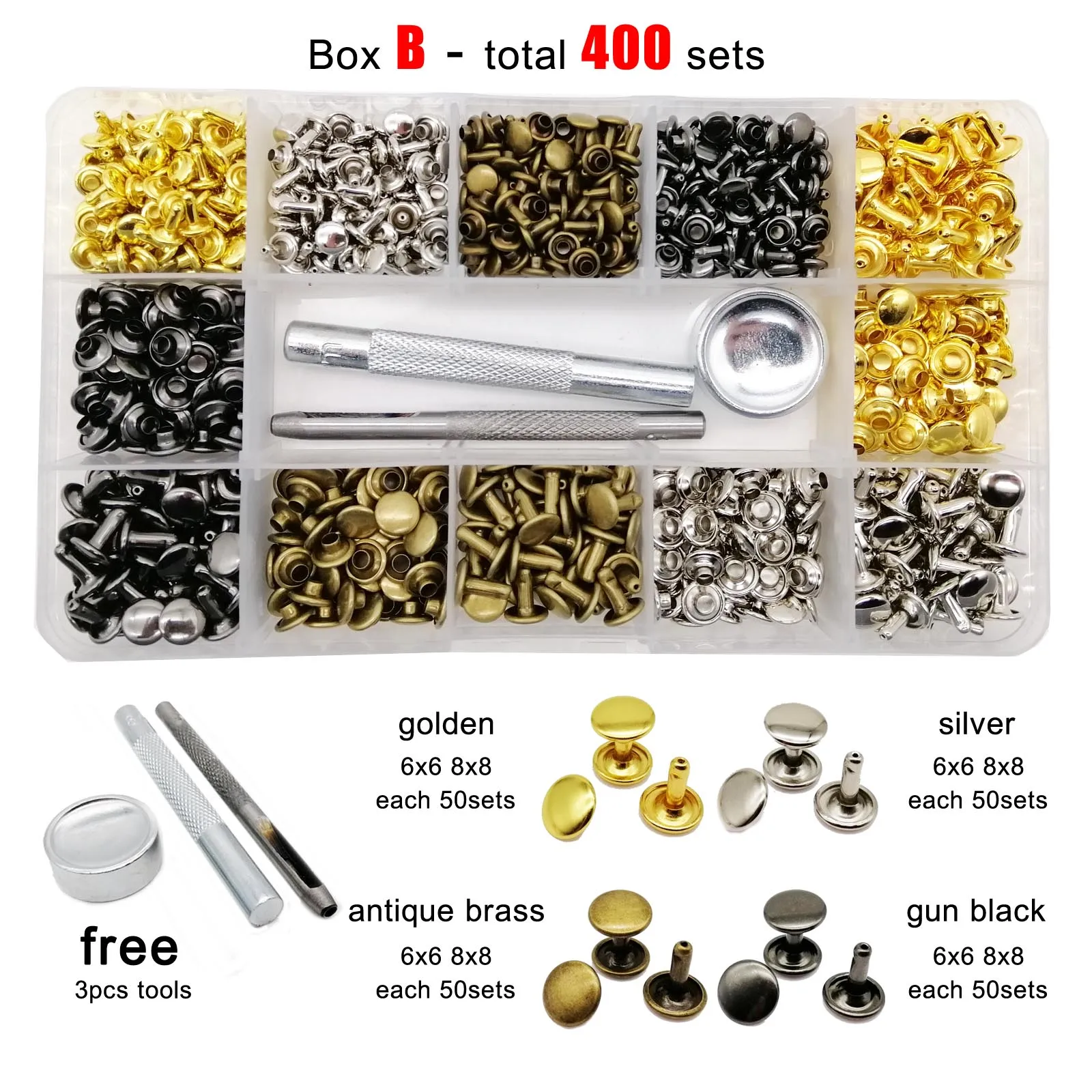 400/600 sets 6mm 8mm 10mm Metal Double Cap Side Round Rivet Spike Stud Leather Belt Wallet Bag Clothes Assortment Kit Box metal rivets belt strap rivets metal studs leather rivets