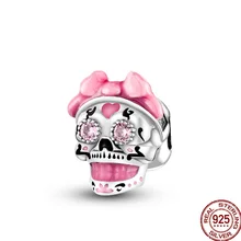 

100% Real 925 Sterling Silver Pink Skull Beaded Fit Original pandora Bracelet&Bangle For Women Birthday Fashion Jewelry