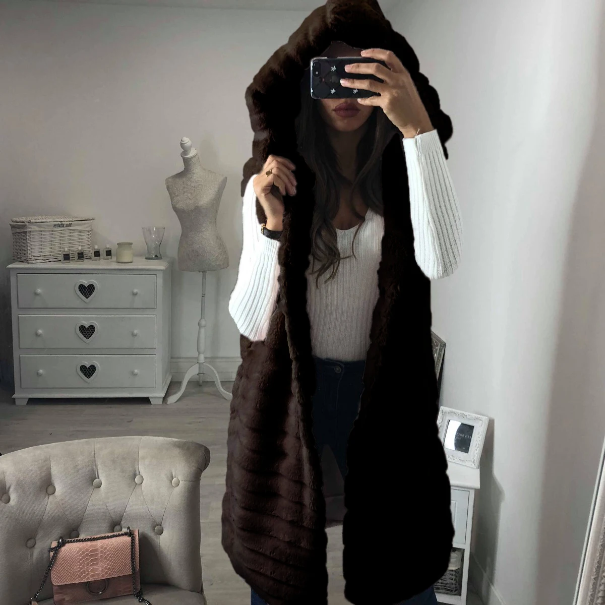 Women Long Sleeveless hoodies Faux Fur Coat Vest Winter Jacket Casaco Feminin Female Autumn Fleece Plush Veste Femme
