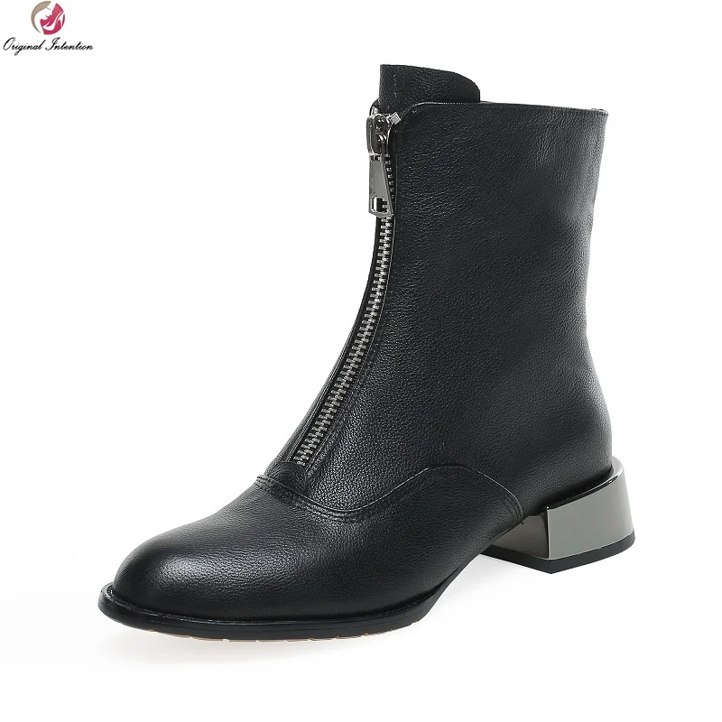 

Original Intention Elegant Real Leather Ankle Boots Round Toe Square Heels Boot Black White High-quality Shoes Woman Size 4-10.5