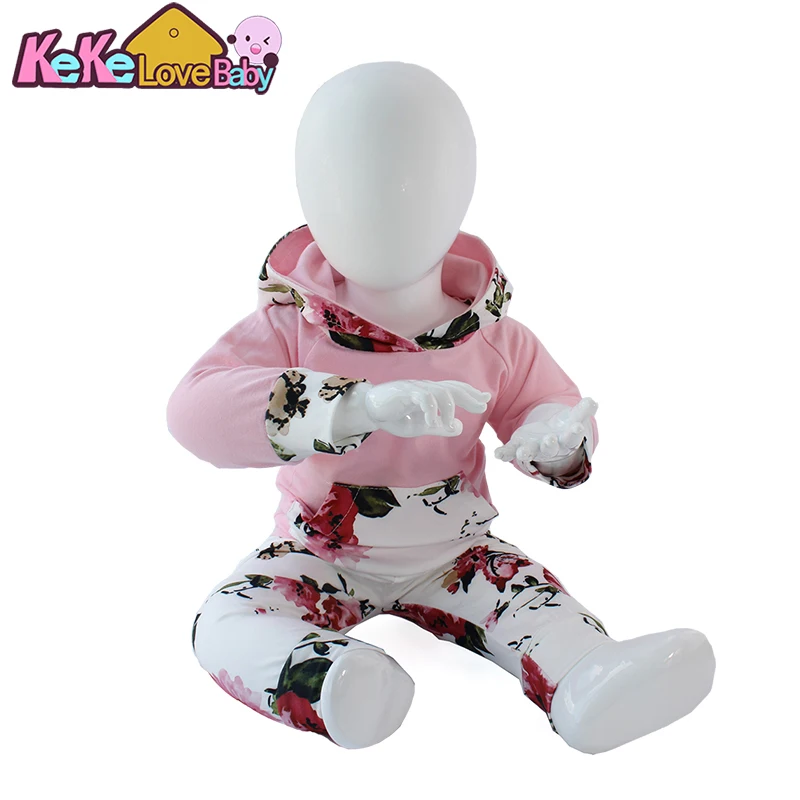 Комплекты одежды для новорожденных девочек; Осенняя модная толстовка с капюшоном и цветочным принтом; топы с длинными рукавами; штаны; одежда для малышей; комплект одежды для девочек - Цвет: Pink
