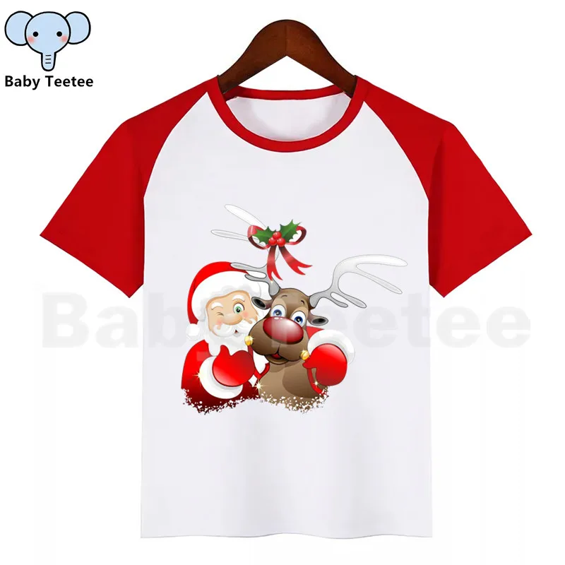 Детская футболка с рисунком Санта-Клауса и оленя; веселые детские топы; детская футболка с короткими рукавами; одежда для малышей - Цвет: D114-RedB