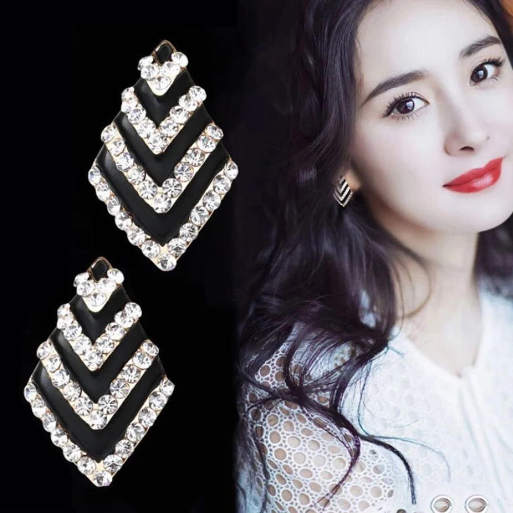 GRACE JUN Gold Black Shape Clip on Earrings for Women Elegant Rhinestone Clip Earrings No Ear Hole