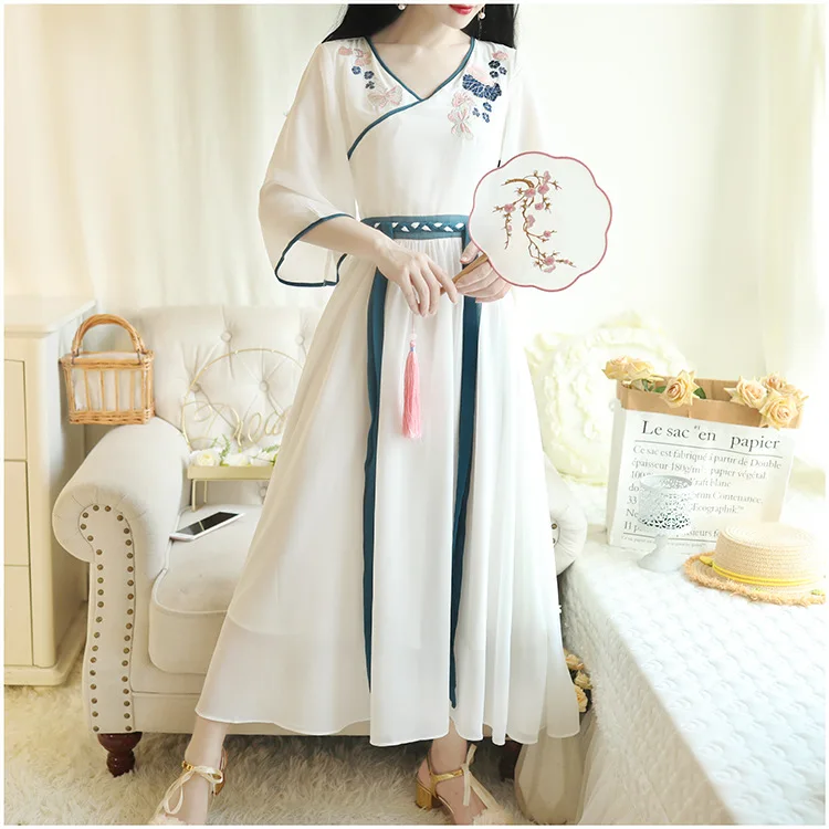 Древние костюмы, элегантные и элегантные, Hanfu,, летние, новые китайские элементы, Женская Вышивка, шифоновое платье