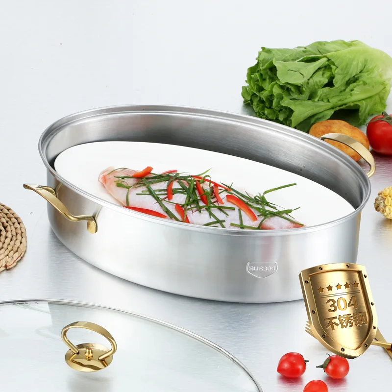 

304 Steamed Fish Pot Large Size Household Thick Stainless Steel 38cm Layer Oval Steamed Fish Useful Product Cooker Steamer