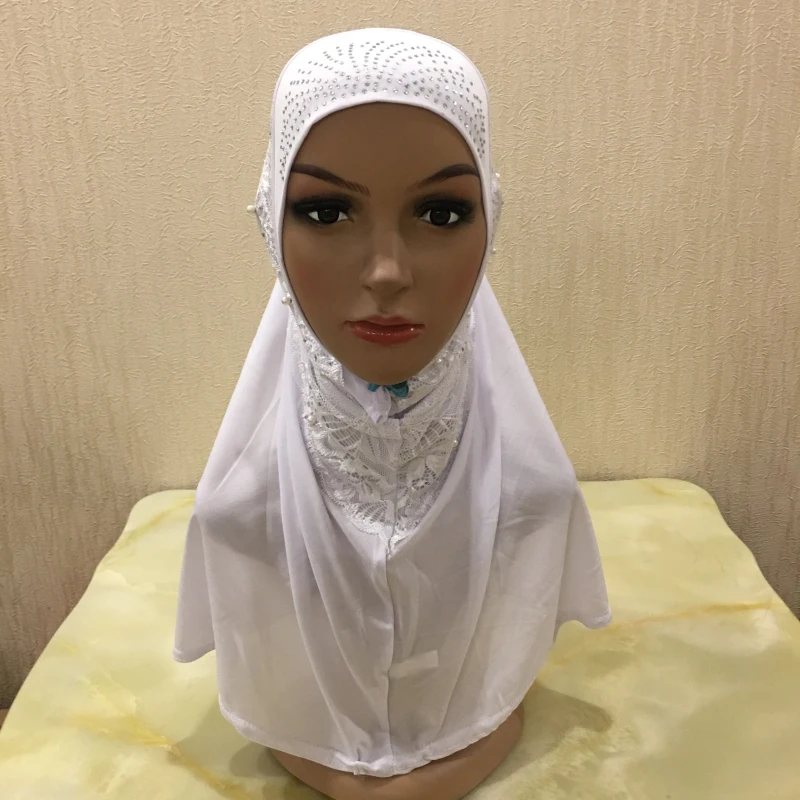 H1333 latest muslim one piece pull on hijab with lace and beads islamic amira muslim scarf arabic headwrap