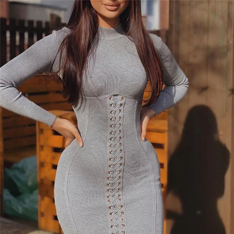 

Autumn Dress Women Long Sleeve Pleated Sexy Bodycon Dress Solid Elegant Party Dress