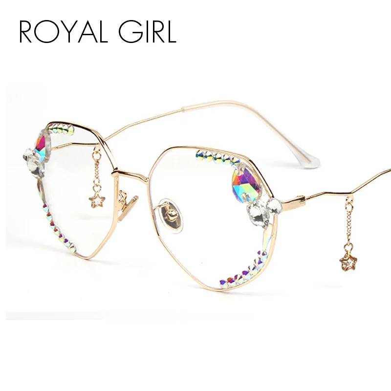 ROYAL GIRL New Fashion Flat Mirror Female Small Box Luxury Point Diamond Brand Five-pointed Star Pendant Sunglasses os036