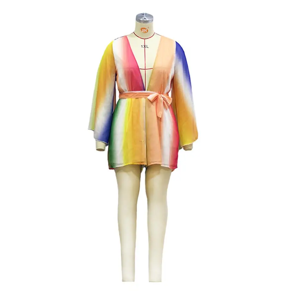 Adogirl XL-4XL Plus Size Women Playsuit Changing Color Stripe V Neck Flare Long Sleeve Fashion Jumpsuits Chiffon Romper Overalls