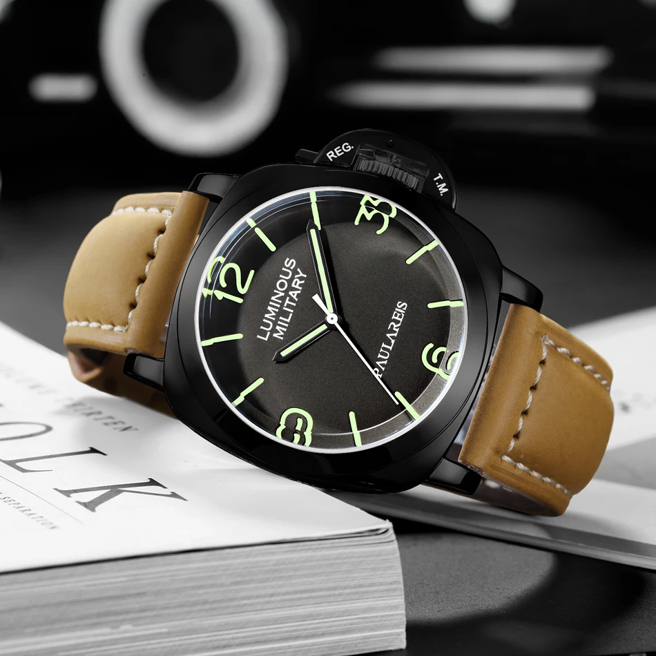 Men Automatic Self Wind Mechanical Genuine Brown Leather Strap Yellow Green Military Luminous 44mm Luxury Rose Gold Watch