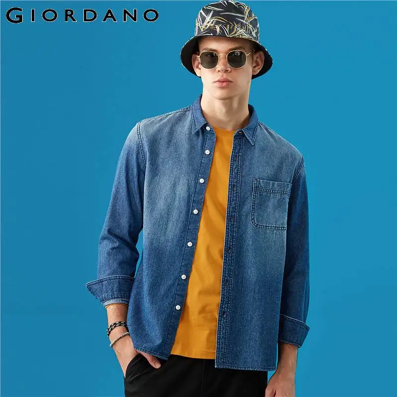 Giordano приталенная Мужская рубашка из джинсовой ткани с длинными рукавами Camisa Masculina, на пуговицах спереди, с отложным воротником, Chemise Homme 01049890