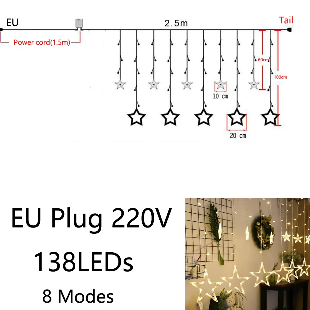 EU/USB LED Star Moon Curtain String Light memory function Fairy Garland Light Decor Party Wedding Christmas Light String - Испускаемый цвет: EU Plug