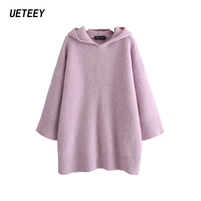 

Women's Hoodies Sweaters Oversize Knitted Jumpers Femme Mini Dress Purple Loose Sweaters Long Sleeves Knitwears Winter Knit Tops