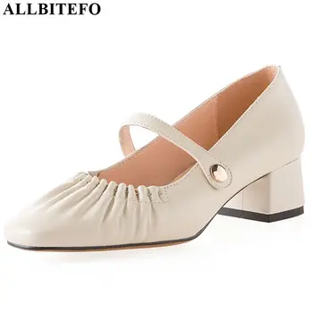

ALLBITEFO high quality genuine leather women heels fashion ladies shoes spring autumn high heel shoes Pure color high heels