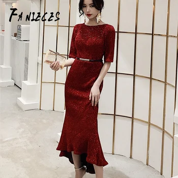 

Formal occasions Sequin Black red Silver Dress Evening Party New Sexy O Neck Long Bodycon Dresses Irregular Elegant ropa mujer