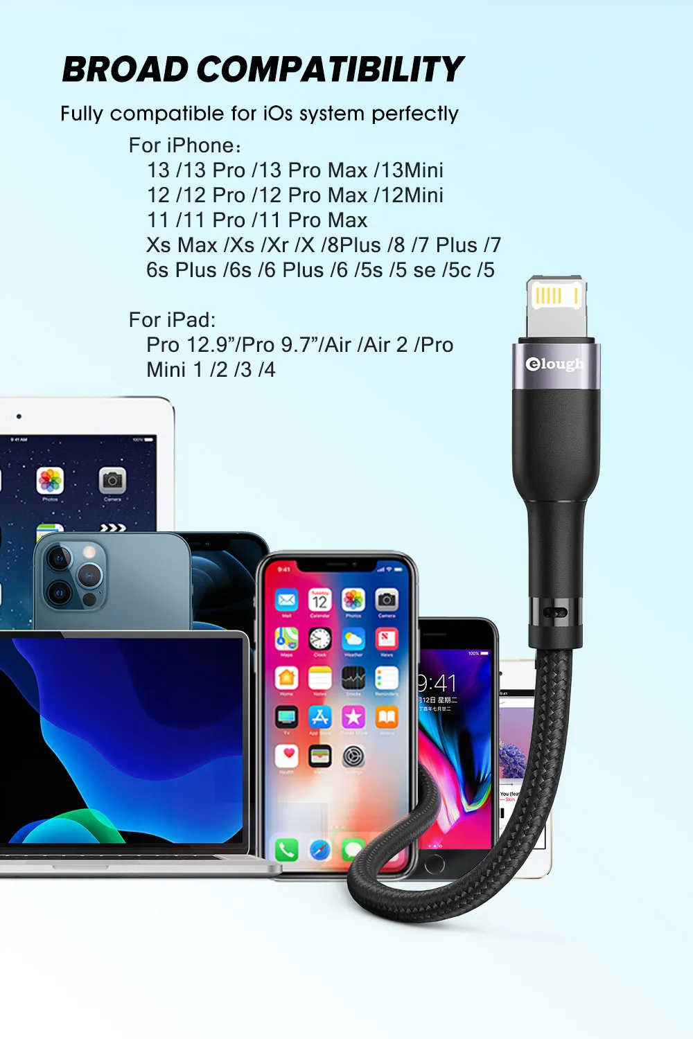 type of charger for android Elough USB Cable For iPhone Cable 13 11 12 Pro Max XR XS 8 7 Plus Fast Charging Charger Lighting Cable 2021 iPad Data Cord Wire android charger type