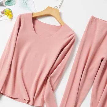 

New Women's Denim Traceless Thermal Underwear Set Double-sided Frosted Heat Slim Low Crew Neck Bottoming Shirt