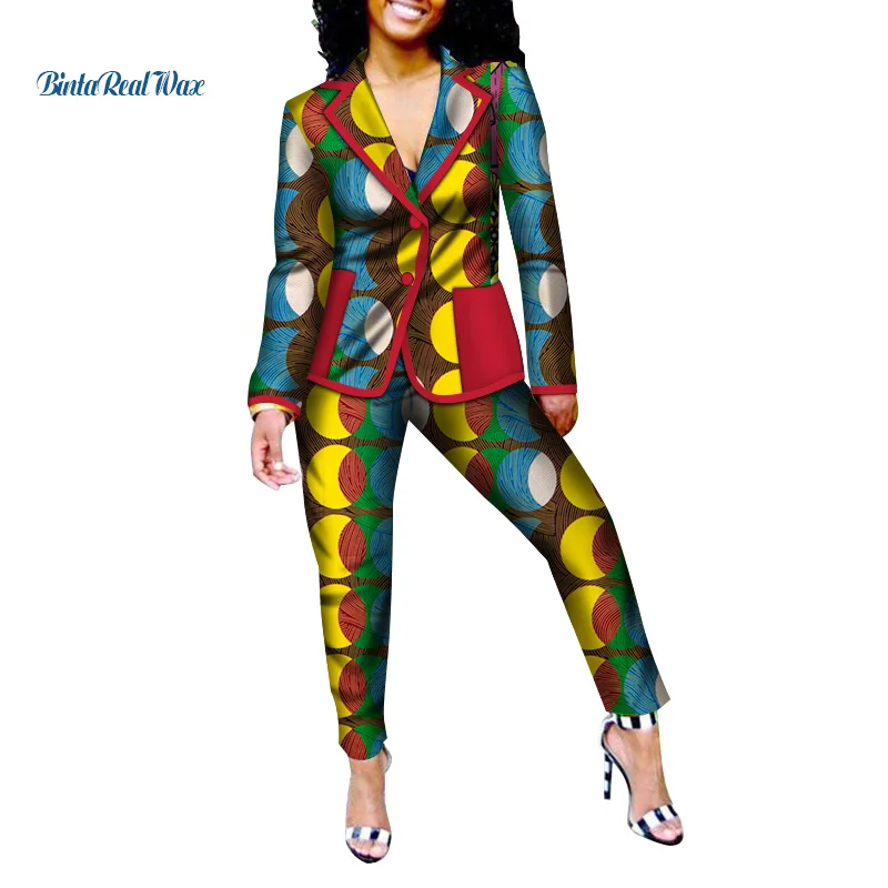 Новая Офисная Женская одежда африканская печати лоскутное отложной воротник костюм и брюки для Для женщин Базен Riche 2 шт. штаны WY009