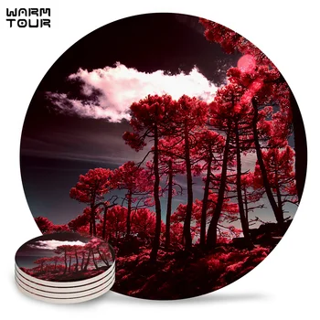 

4/6/8 PCS Red Woods Retro Placemat Ceramic Drink Coasters Table Decoration Absorbent Moisture