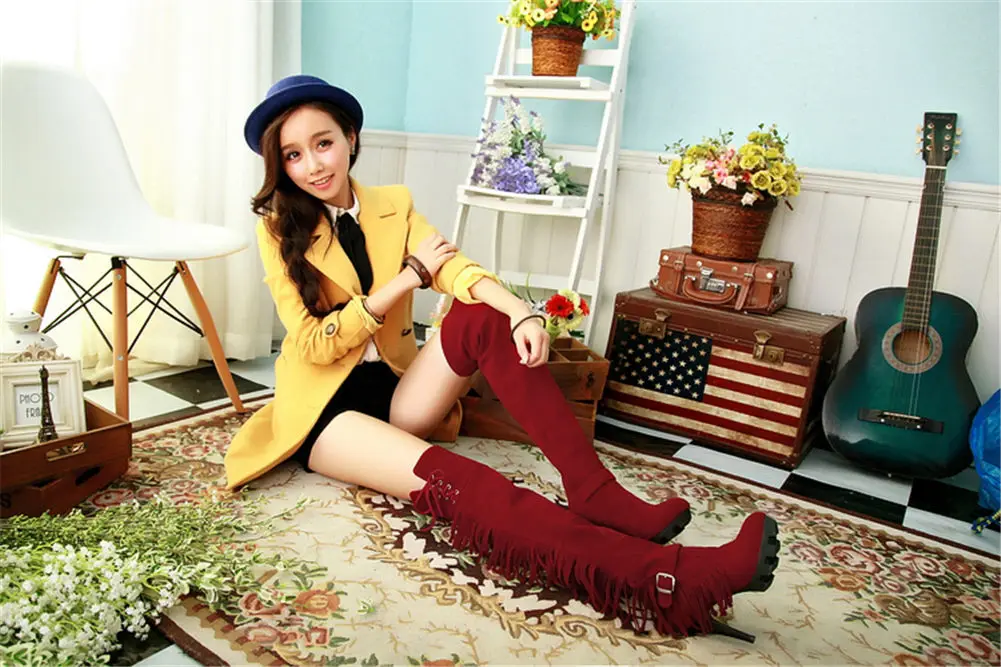 Dropship Classic Retro High Heels Party Fringes Boots Women Shoes Woman Winter Shoes Knee High Boots