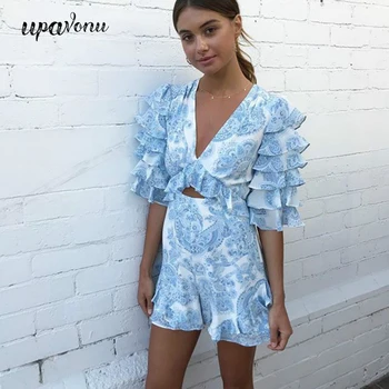 

2020 Newest V-neck Sexy Holiday Backless Ruffle Playsuit Rompers Womens Beach Blue Jumpsuit Beach Overalls for Women Holiday