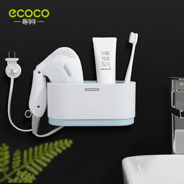 ECOCO Hair Dryer Rack Wall Mounted Punch Free Bathroom Accessories Set Home Bathroom Shelve Bathroom Holder Tool Drainage sky blue