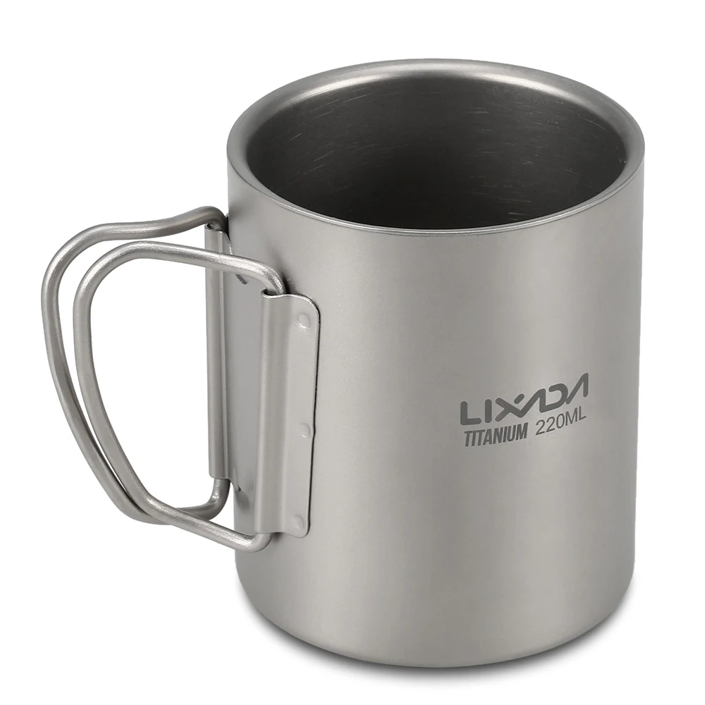 Lixada Titanium Doublet Wall Tea Cup Tableware Outdoor Camping Picnic Cup Water Coffee Tea Cup Mug Foldable Handle 220ml/450ml