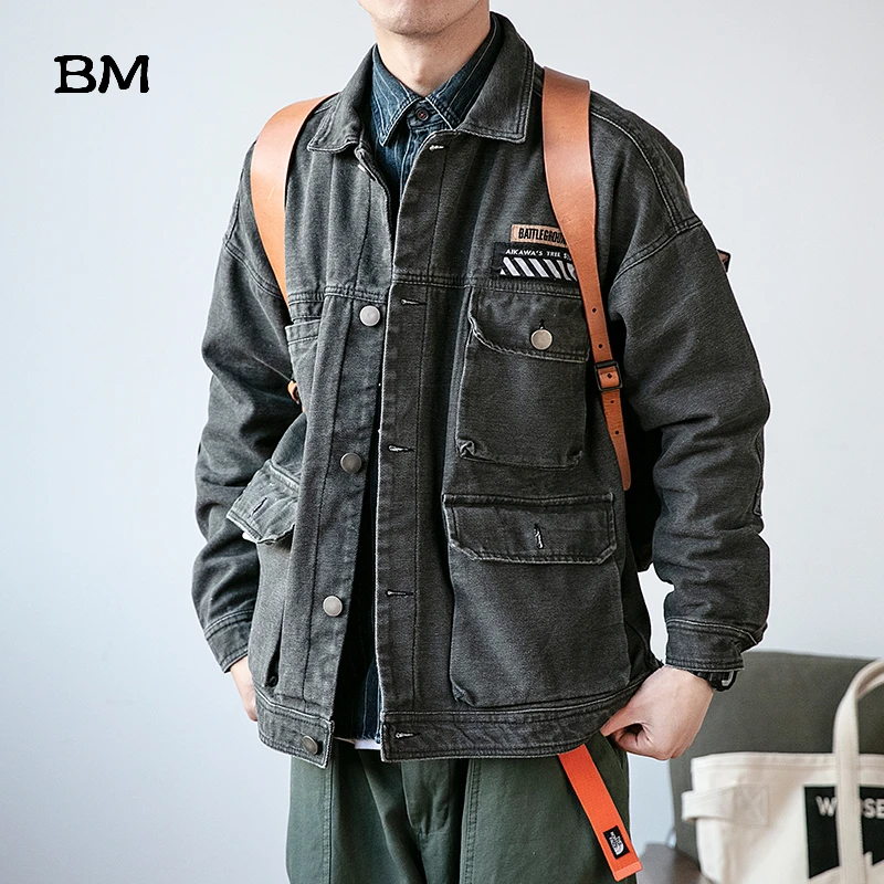 Уличная рабочая одежда джинсовая куртка модная хип хоп Черная Мужская Harajuku