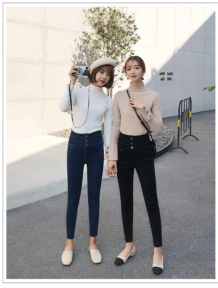 WOMEN'S Jeans Autumn And Winter plus Velvet Ultra High Waist Skinny Pants Women's Slim Fit Korean-style Jeans Black And White wi