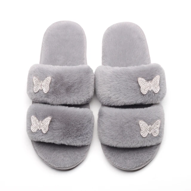 Women House Slippers Rhinestone Butterfly Decor Fluffy Slippers Double Strap Open Toe Furry Slides Flat Heel Winter Warm Shoes Grey