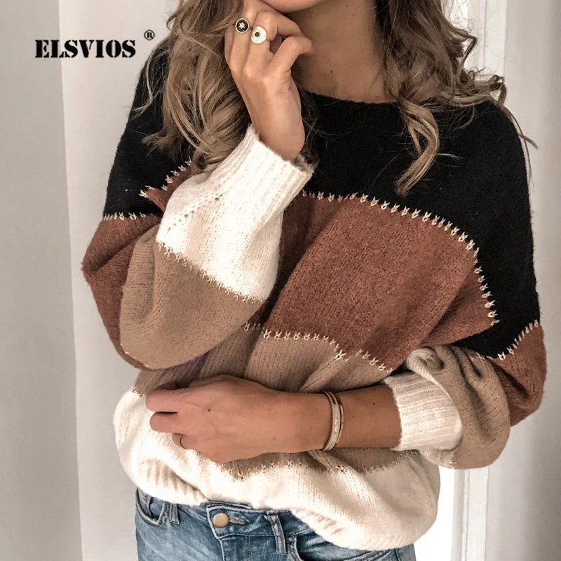 ELSVIOS 5XL Осень-зима теплый вязаный свитер 2019 для женщин с круглым вырезом из кусков