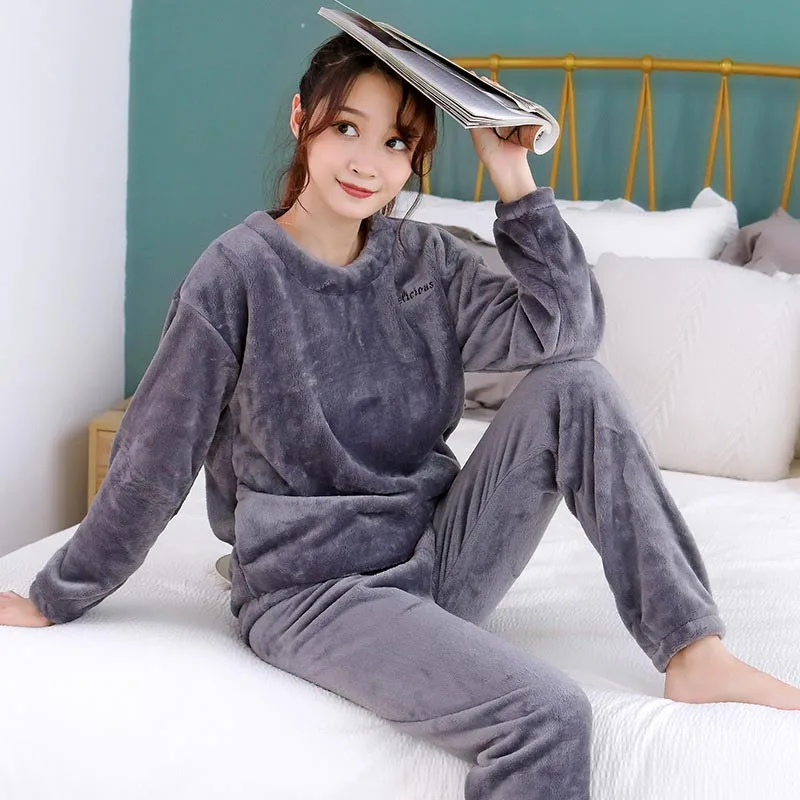 Теплые зимние женские пижамы, 2 предмета, Повседневная Свободная пижама с длинными рукавами и штаны, фланелевые пижамы, комплект домашней одежды, одежда для сна