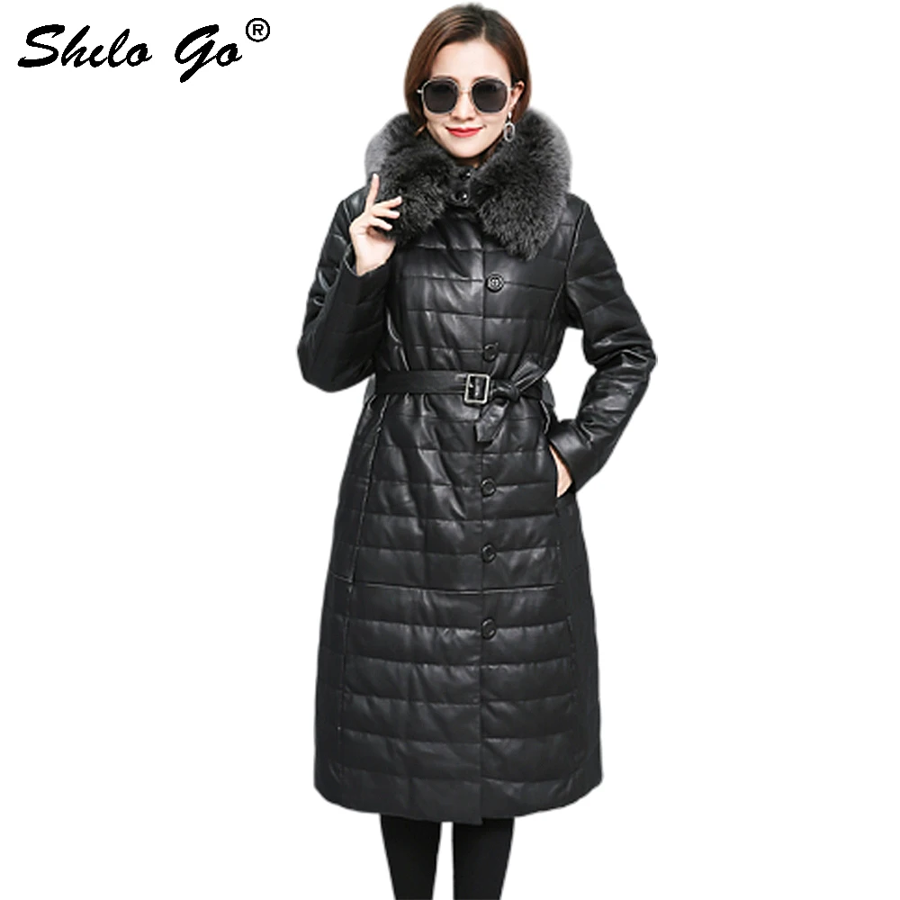 

Genuine Leather Cot Office Lady Real Fox Fur Hooded Buckle Belted Single Breasted Sheepskin Long Coat Women Winter Down Outwear