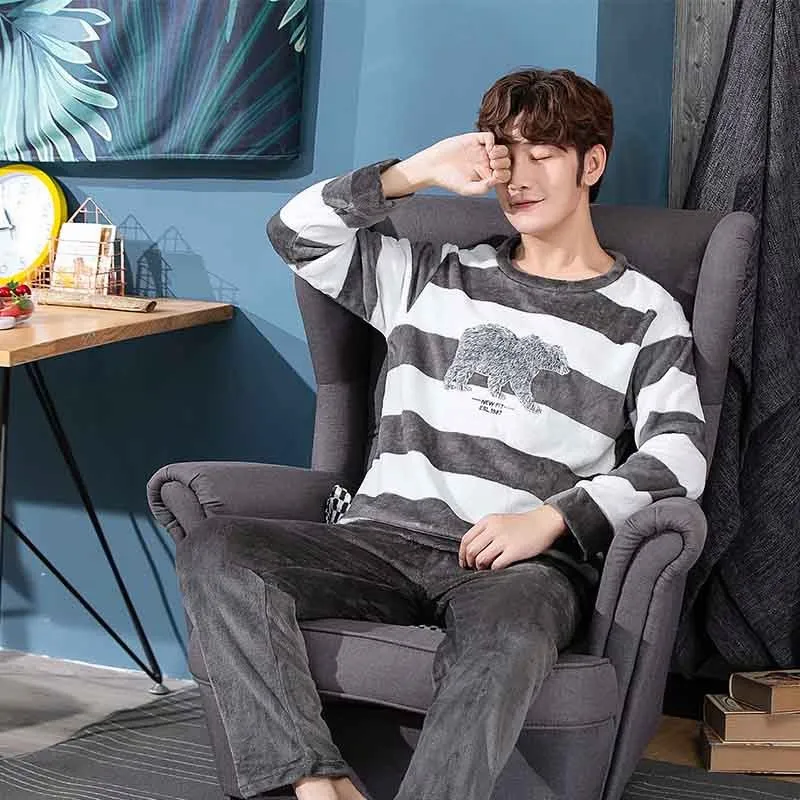 Warm mens pajamas set Autumn Winter Long Sleeve Flannel Men's Thick Sleepwear Coral Fleece Sleep Lounge Clothing men's two piece Warm mens pajamas set Autumn Winter Long Sleeve Flannel Men's Thick Sleepwear Coral Fleece Sleep Lounge Clothing men's two piece