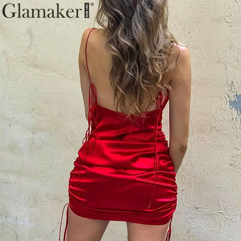 Glamaker атласное платье с открытыми плечами и тонкими бретельками, женское элегантное мини-платье на завязках, женское осенне-зимнее сексуальное платье с открытой спиной